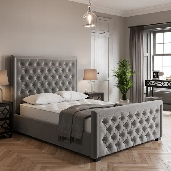 Elodie buttoned velvet grey bed frame, all sizes
