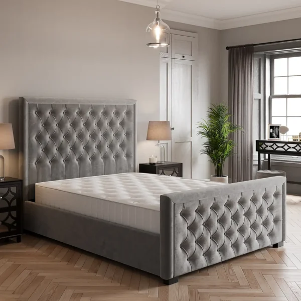 Elodie buttoned velvet grey bed frame, all sizes - image 2
