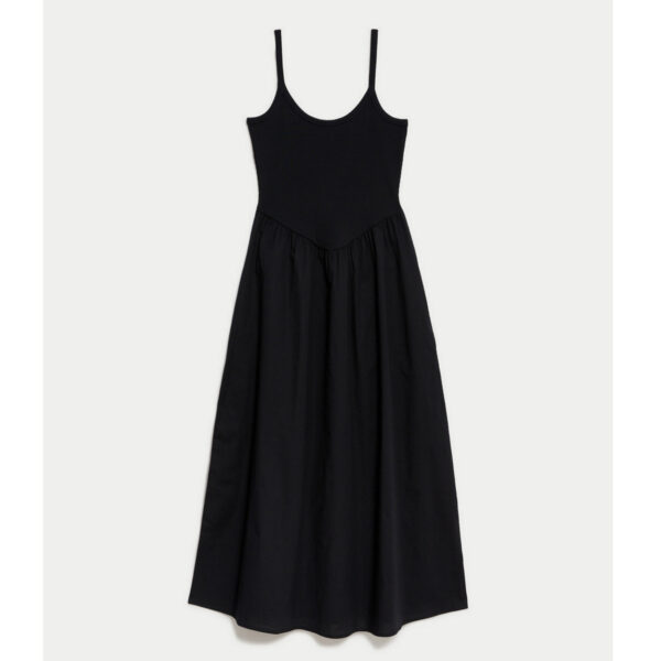 Cotton Rich Ribbed Midi Skater Dress, Black