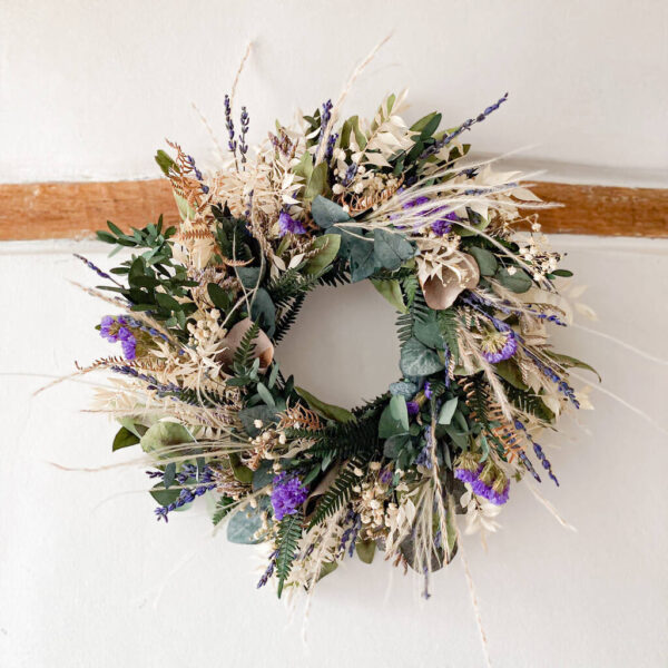 Preserved Foliage Wreath With Purple Flowers