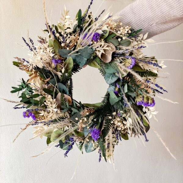Preserved Foliage Wreath With Purple Flowers
