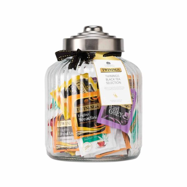 Twinings black tea selection filled jar - 70 tea bags - small ribbed glass jar - filled with black tea - black tea gift