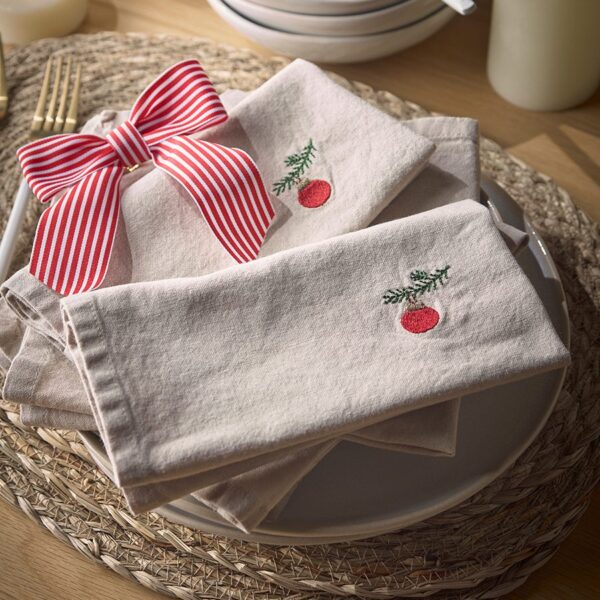 Four Cotton Embroidered Bauble Napkins