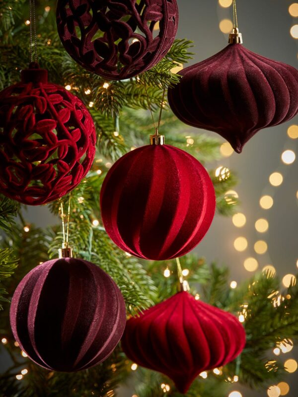 Six luxury flocked shatterpoof baubles