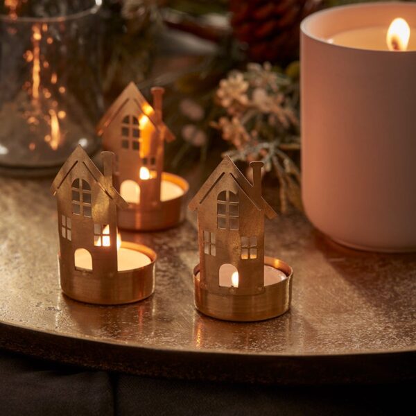 Three Brass House Tealight Holders