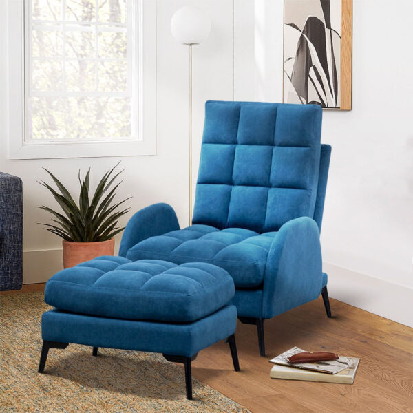 Alternative view of Upholstered Adjustable Velvet Recliner Armchair & Ottoman - Blue
