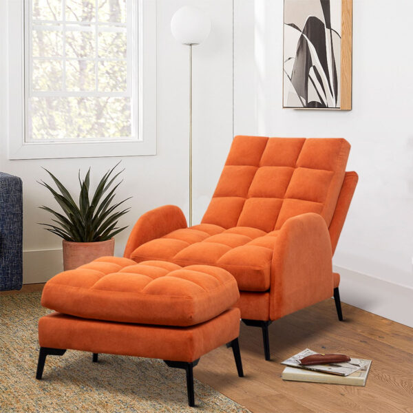 Alternative view of Upholstered Adjustable Velvet Recliner Armchair & Ottoman - Orange