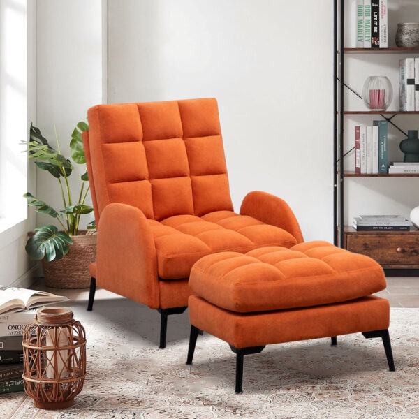 Upholstered adjustable velvet recliner armchair & ottoman - orange - image 3