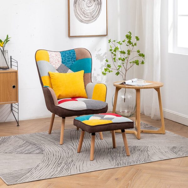 Multicolour Patched Fabric Wingback Chair and Footstool