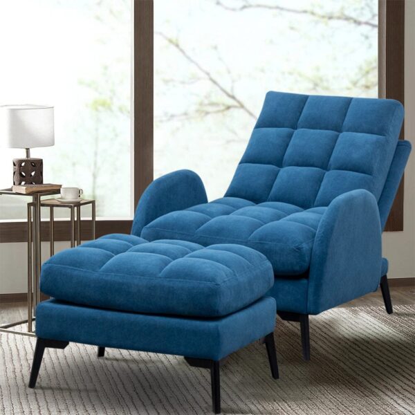 Upholstered Adjustable Velvet Recliner Armchair & Ottoman - Blue