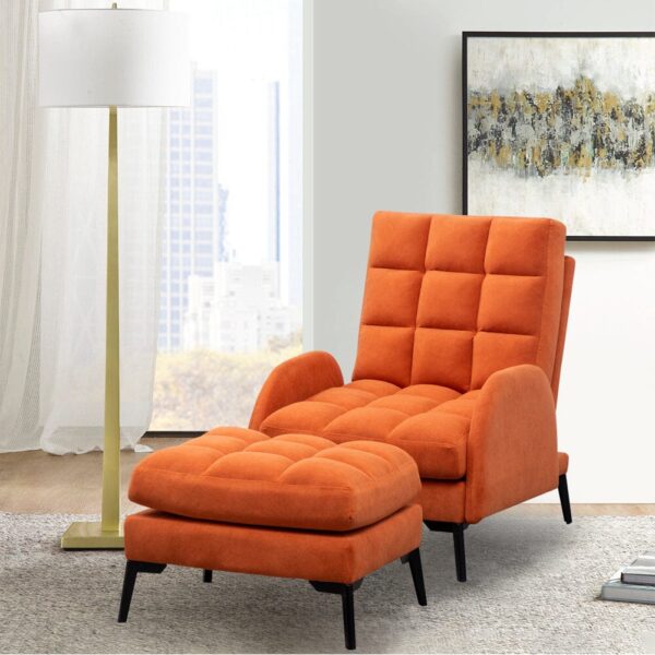 Upholstered Adjustable Velvet Recliner Armchair & Ottoman - Orange