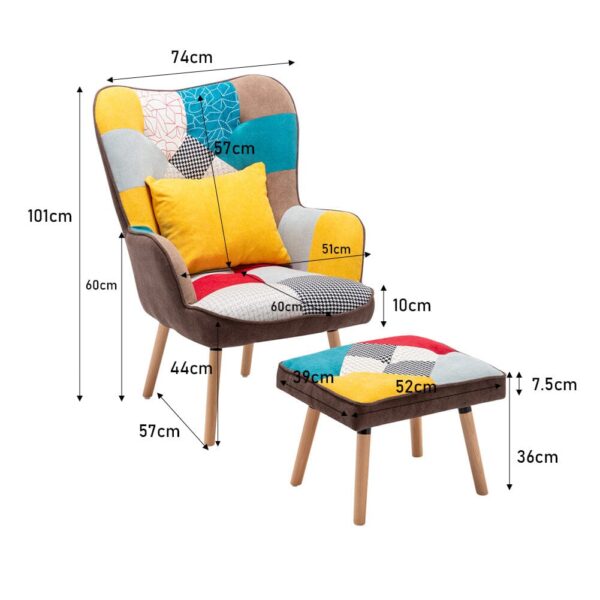 Multicolour patched fabric wingback chair and footstool - image 3