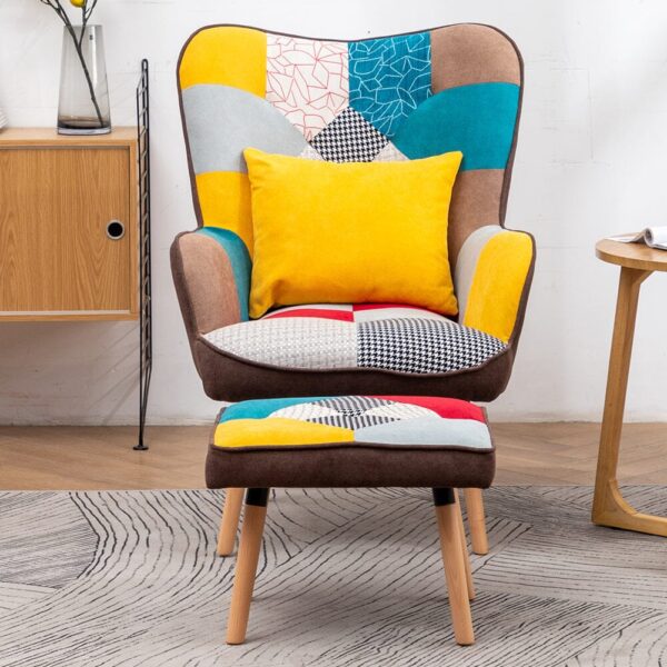 Alternative view of Multicolour Patched Fabric Wingback Chair and Footstool