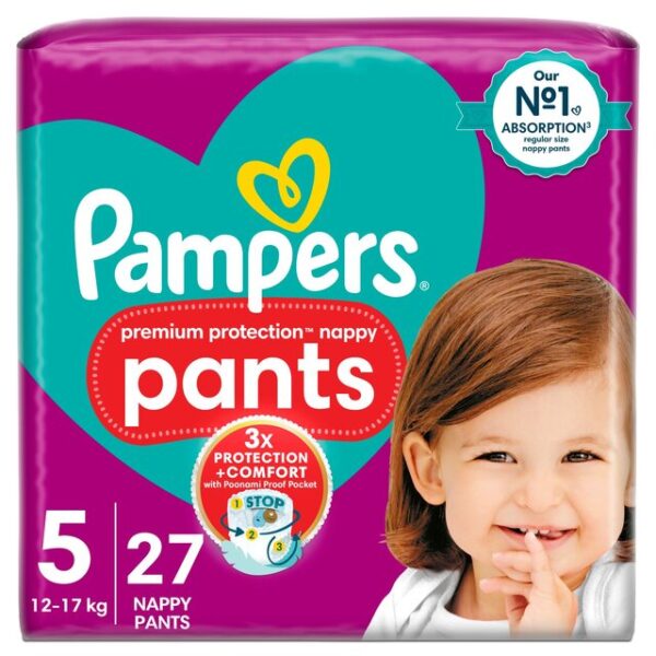 Pampers premium protection nappy pants, size 5 (12-17kg) essential pack