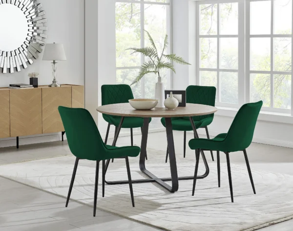 Venedocia round wood effect dining table & 4 luxury velvet dining chairs