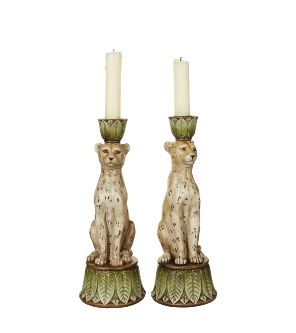 Pair of lakadema leopard candle holders