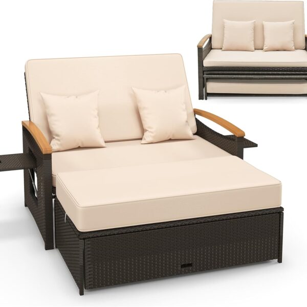 COSTWAY Large Garden Rattan Sofa Bed