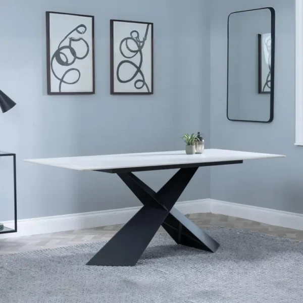 Merlin 8 seater white ceramic dining table with black cross base