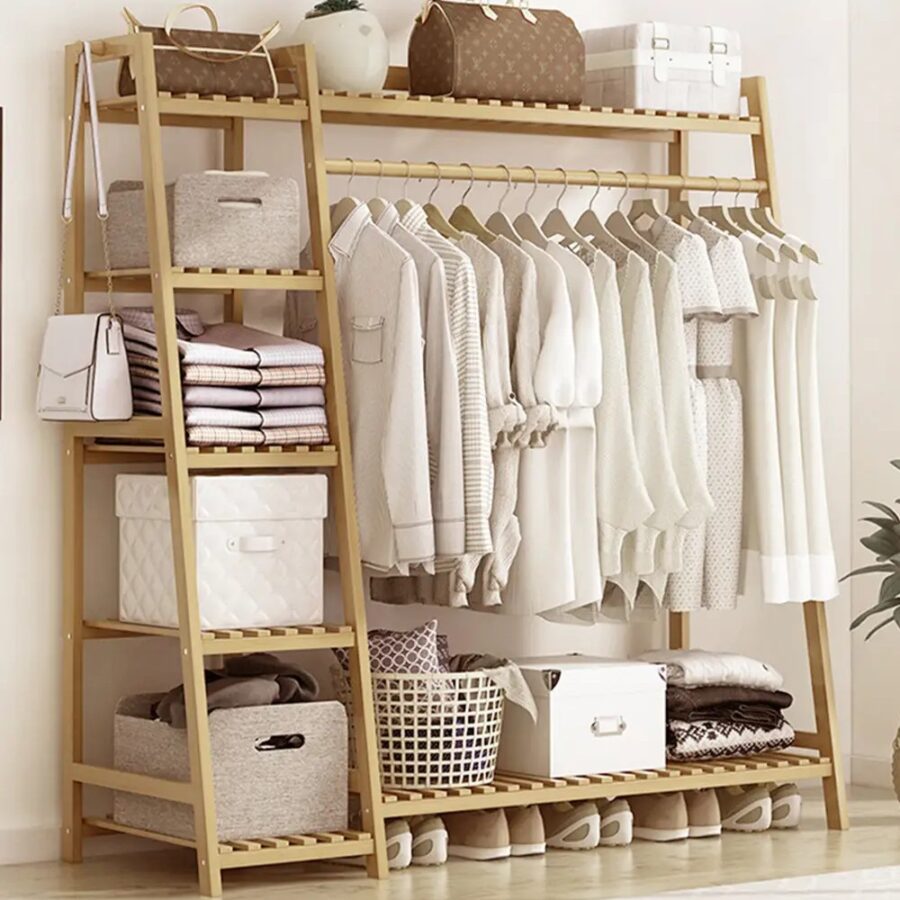 Living and home bamboo clothing garment rack – 7‑tier storage shelf (natural)