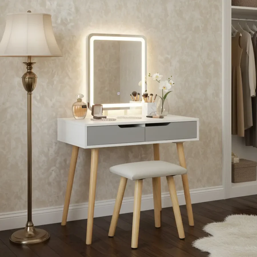 Alivio vanity dressing table set with rectangle led mirror & stool (grey)